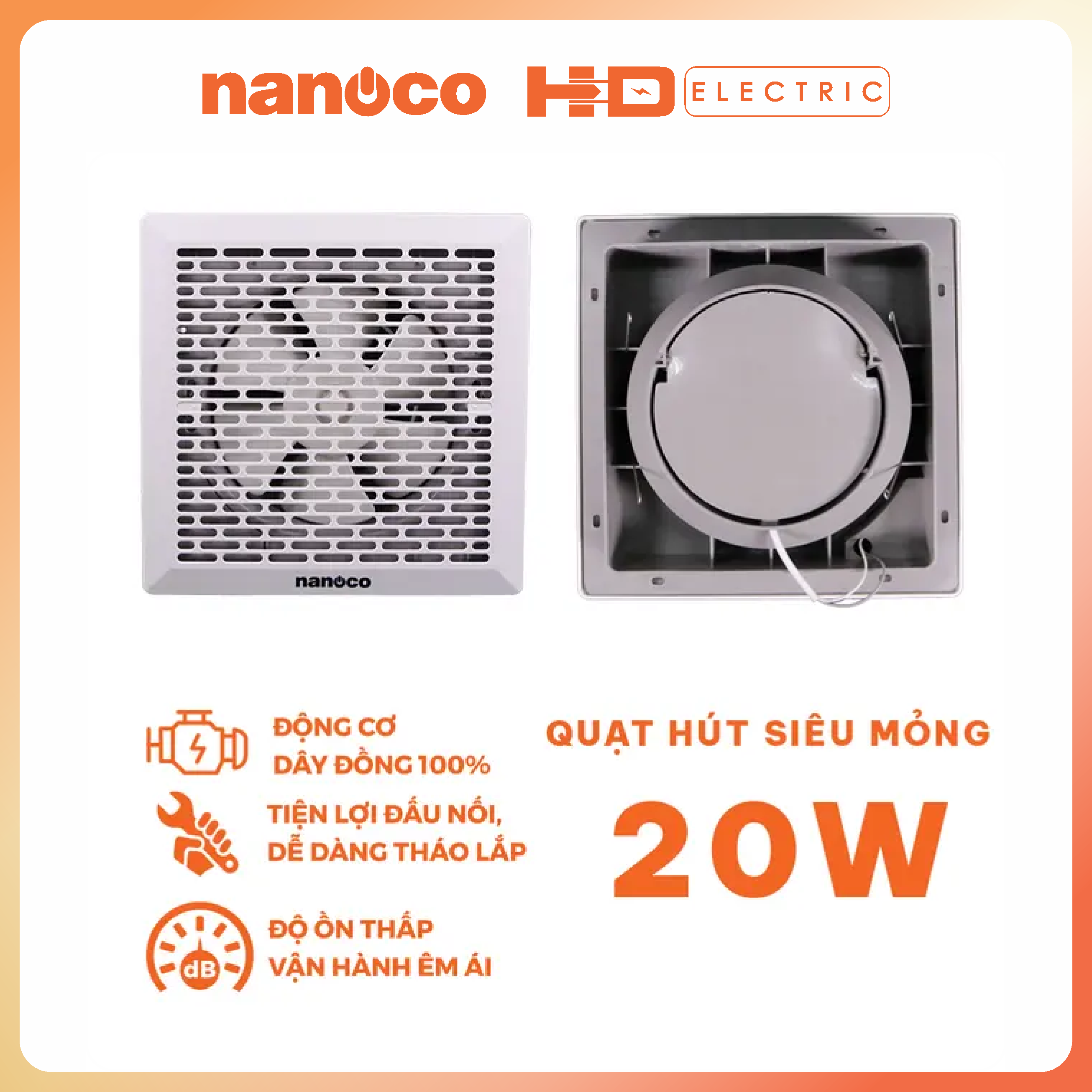 Quạt hút siêu mỏng Nanoco NMV2023 20W - Lỗ khoét 200x200mm